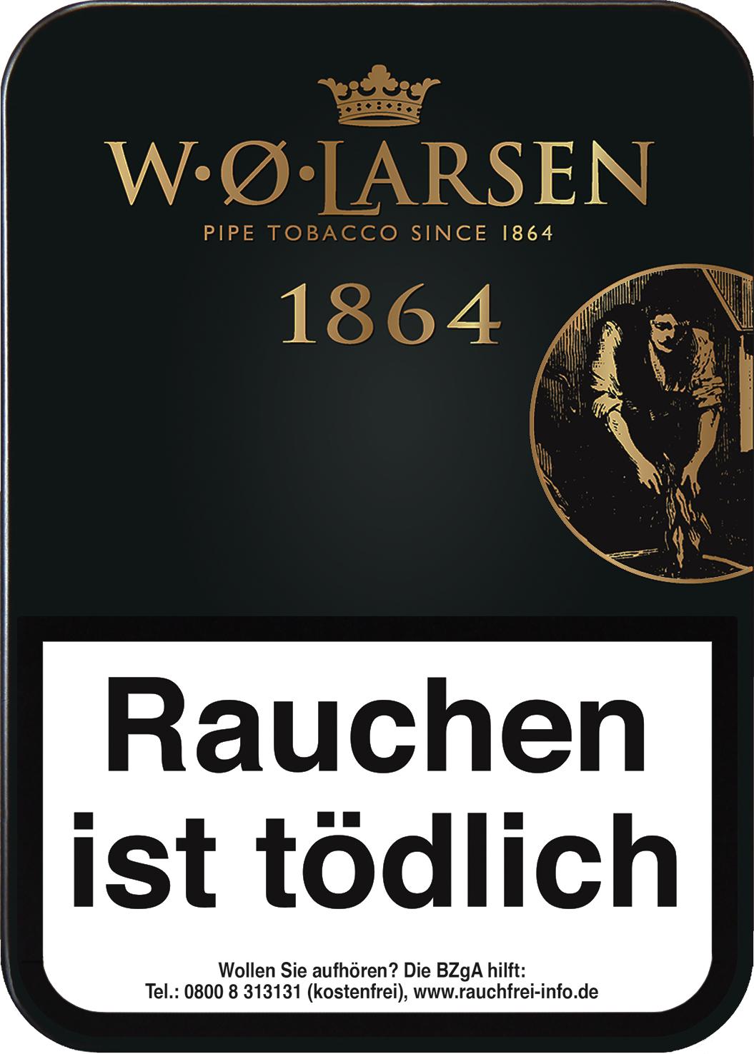 W.O. Larsen 1864 Pfeifentabak in der 100 Gramm Dose mit klassischem Design, goldenem Markenschriftzug und gesetzlichem Warnhinweis.