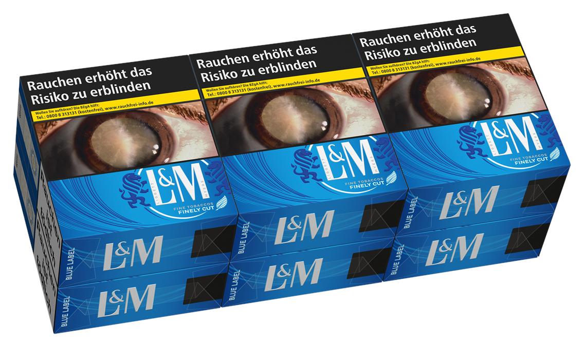 L&M Blue 6XL Zigaretten Stange, bestehend aus sechs blau-weißen Packungen, jede mit einem markanten Augenmotiv und dem L&M Markenlogo, sowie dem deutschen Warnhinweis "Rauchen erhöht das Risiko zu erblinden". Verpackungseinheit: 6 Packungen à 41 Stück.