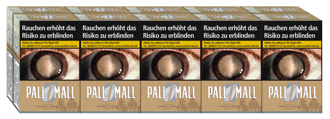 Pall Mall Zigaretten Authentic Silver 1 Stange (10 Packungen á 20 Stück) in braunen Packungen mit dem Pall Mall Logo und Auge-Symbol.