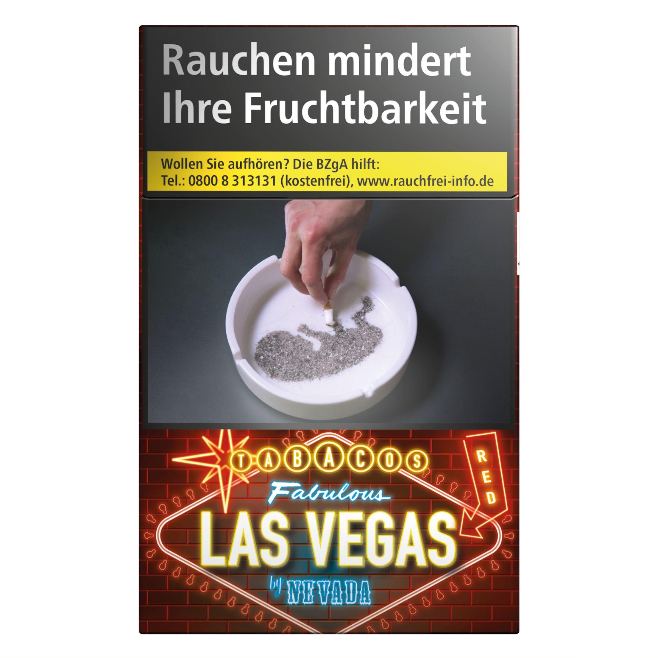 Schwarz-rote Zigarettenpackung "Las Vegas Red" mit 20 Stück, die einen weißen Aschenbecher mit grauem Tabak und einer brennenden Zigarette zeigt. Das Neon-Schild "Tabacs Fabulous Las Vegas by Nevada" ist prominent auf der Packung platziert, welche auch de