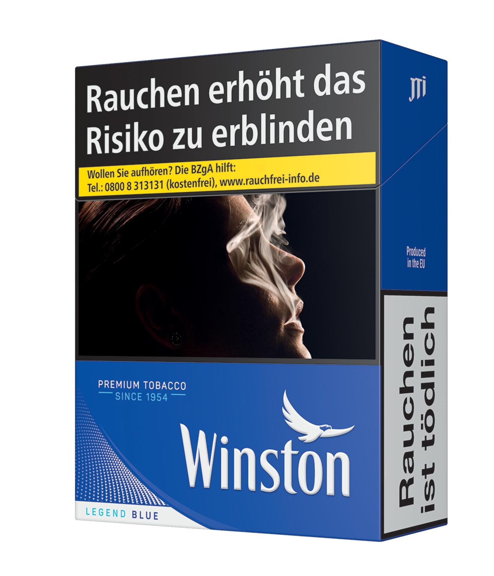 Winston Blue Zigaretten in der XXL-Packung mit 28 Stück, gekennzeichnet mit den gesetzlichen Warnhinweisen und Informationen zur Tabakentwöhnung.