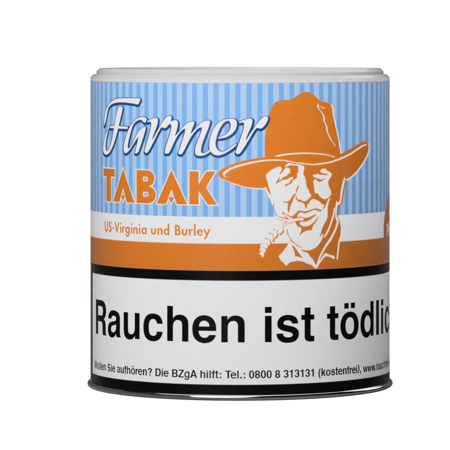Farmer Tabak Pfeifentabak in der 50-Gramm-Dose mit blau-orangem Streifendesign und Cowboy-Illustration auf dem Etikett.