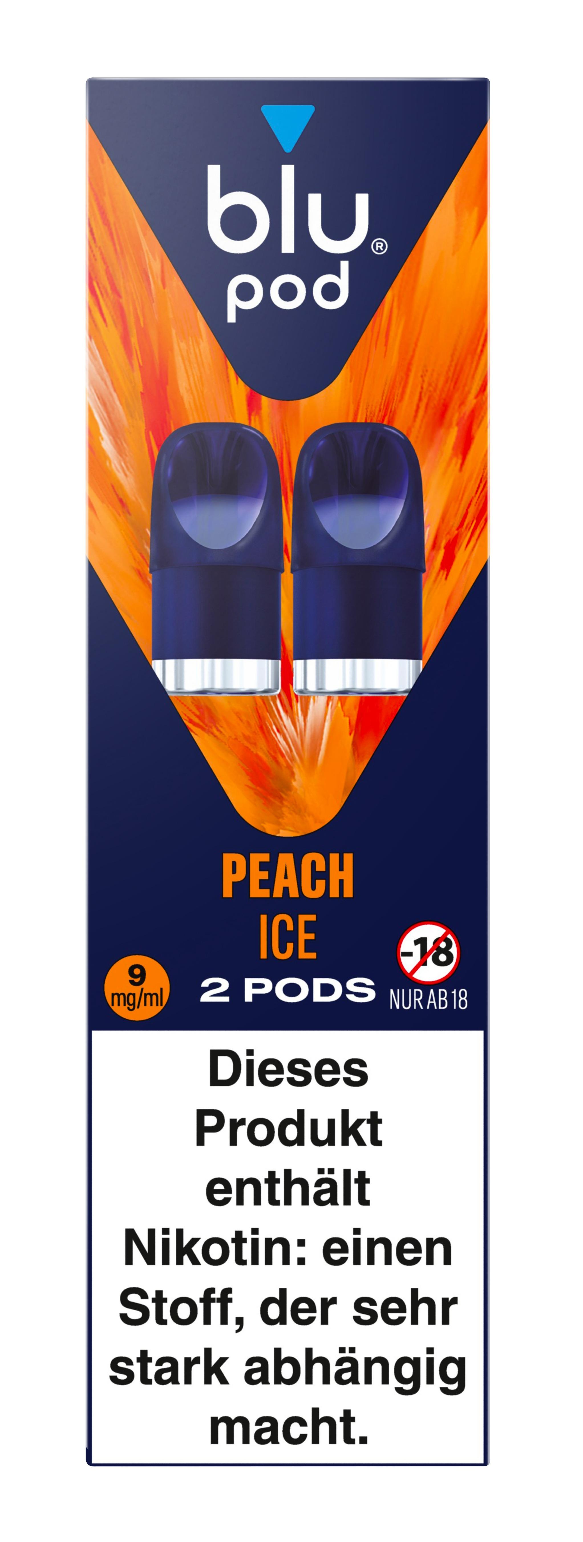 Blu Pods Peach Ice 9mg, 2 Stück in blau-oranger Verpackung mit Nikotinhinweis und Altersbeschränkung ab 18 Jahren.