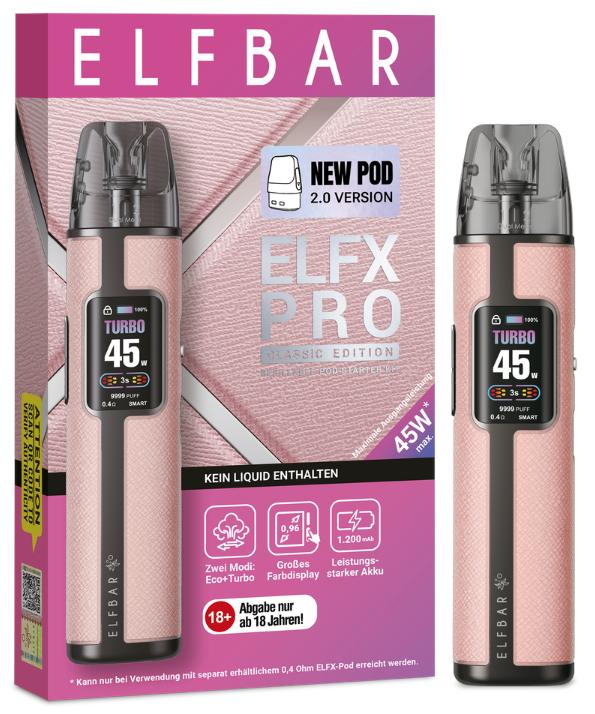 Elfbar ELFX Pro Pod Kit in Pink, Classic Edition, inklusive 1200 mAh Akku, Farbdisplay und USB-Ladekabel, 1 Stück.