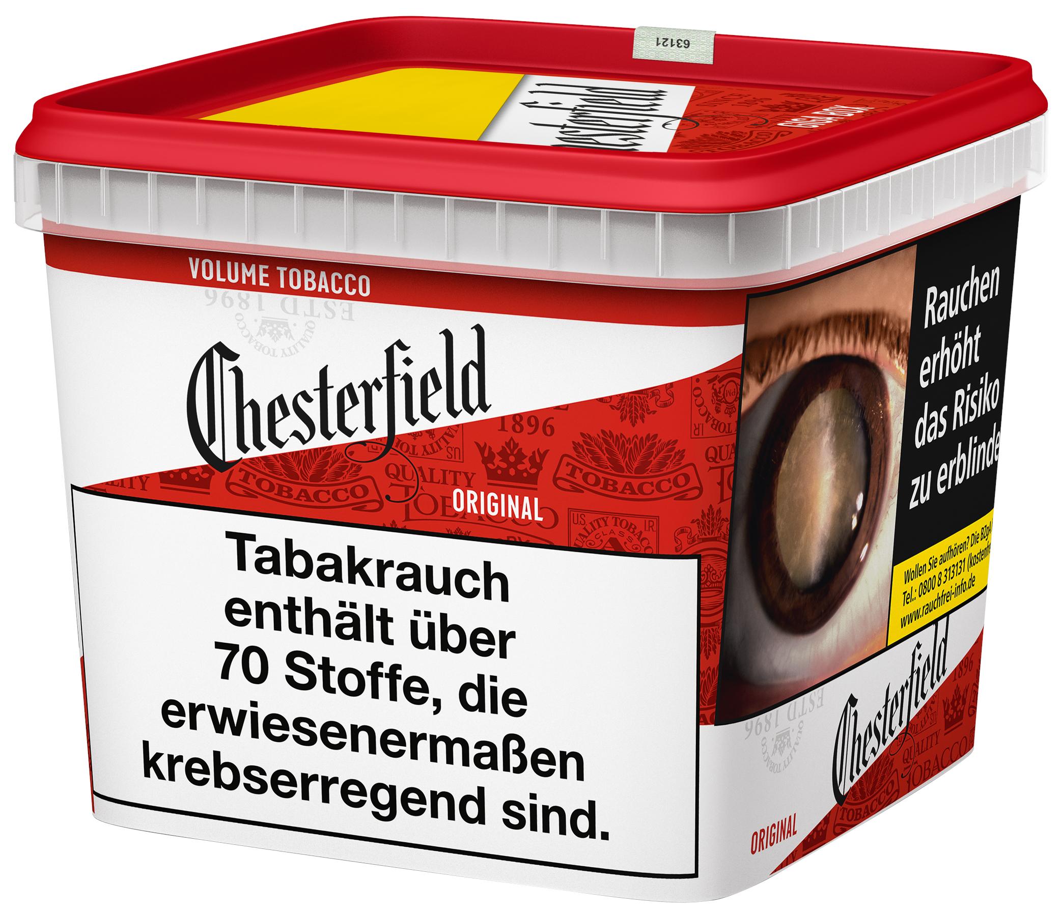 Chesterfield Volumentabak Red Superbox 255g Eimer zum Stopfen, roter Behälter mit weißem Etikett.