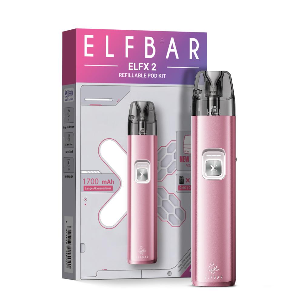 Pinkes Elfbar ELFX 2 Pod Kit mit 1700 mAh Akku, Dual Mesh V2.0 Pods und einstellbarer Leistung in der Originalverpackung, 1 Stück.