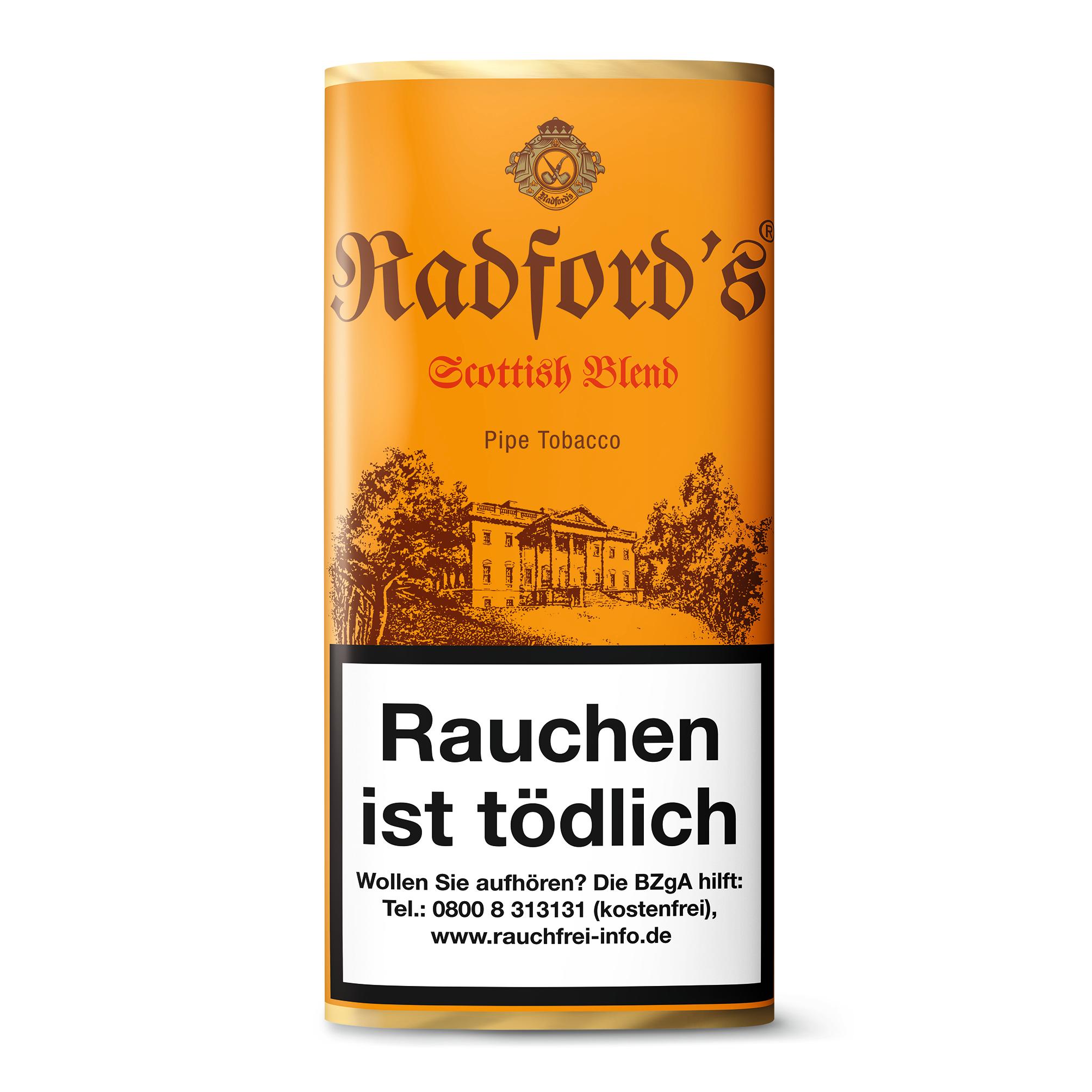 ```xml Orangefarbene Stange Radford's Scottish Blend Pfeifentabak, bestehend aus 5 Packungen à 50 Gramm, eine Wild Cut Mischung aus Virginia, Burley und Black Cavendish, verfeinert mit Old Scotch Whisky. ```