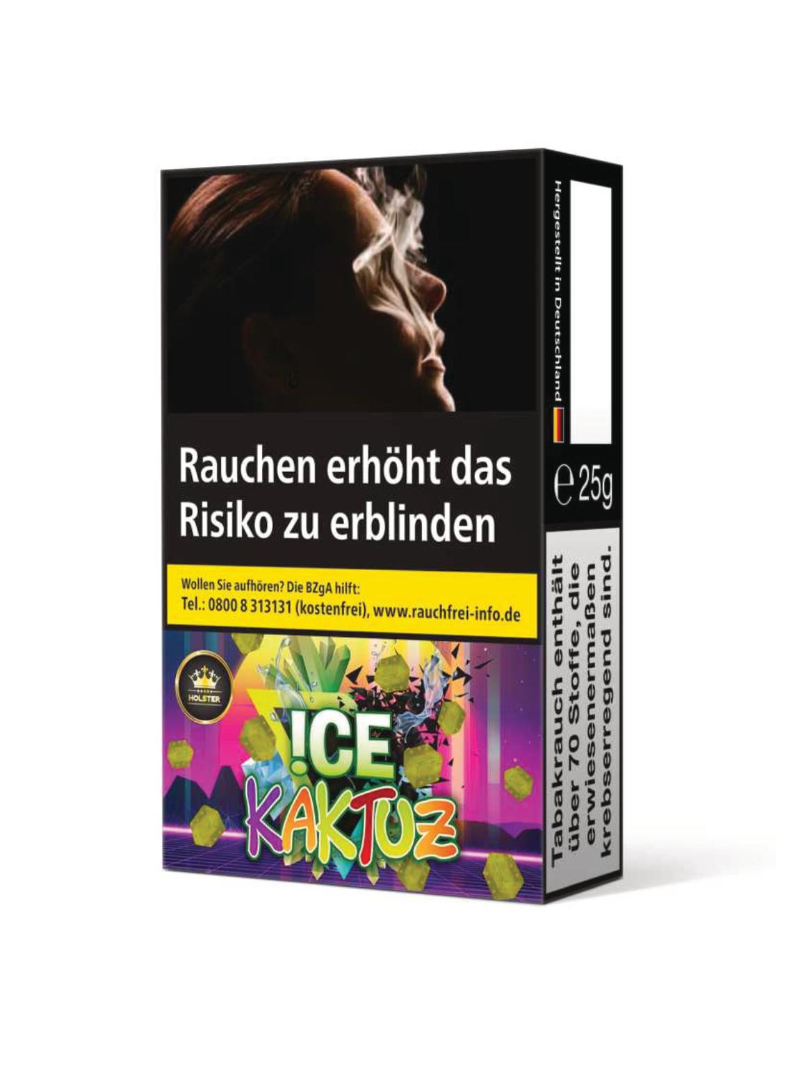Holster Ice Kaktuz Shisha Tabak in der 25 Gramm Packung mit grafischem Design auf schwarzem Hintergrund inklusive gesetzlichem Warnhinweis.