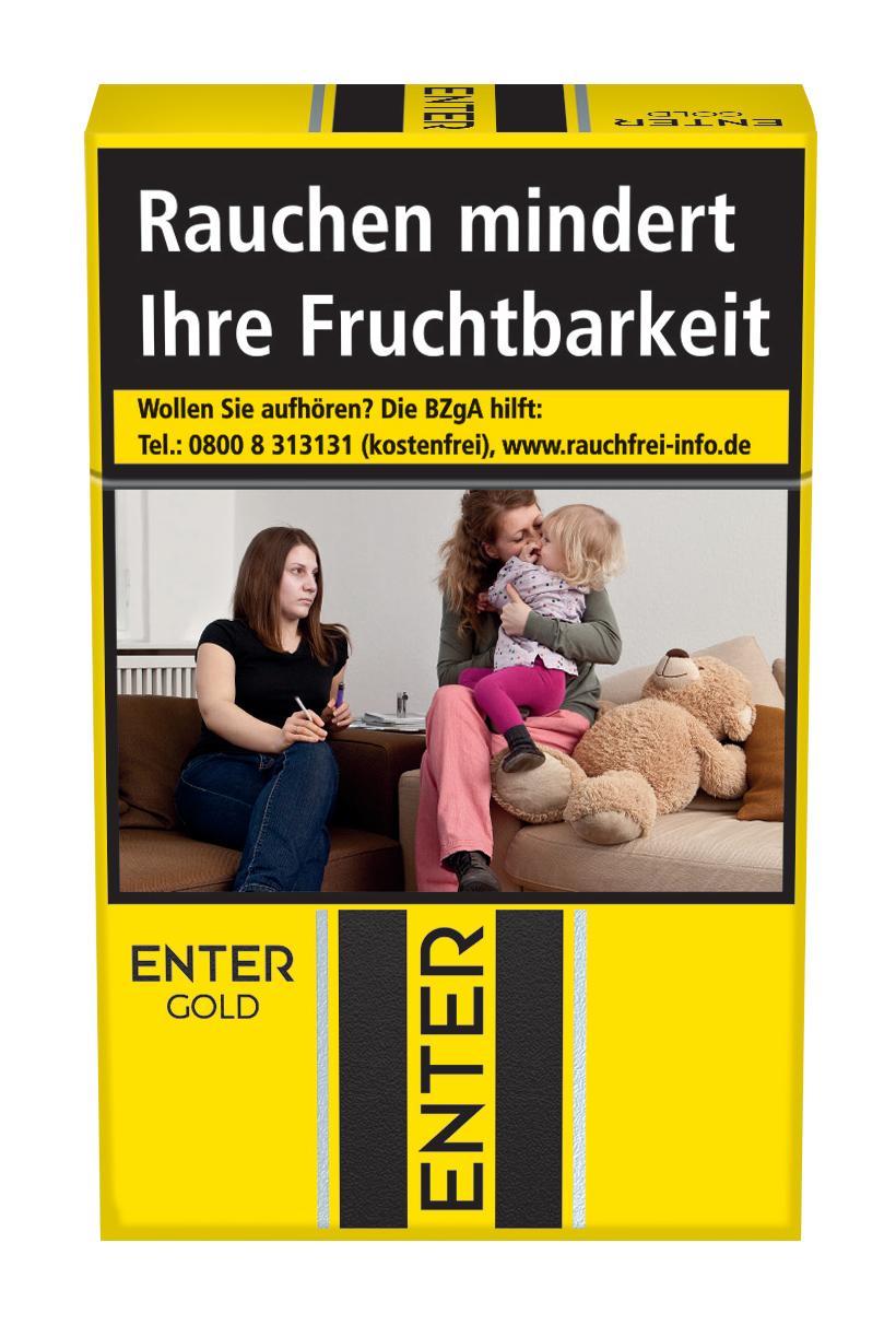 Packung ENTER Gold Zigaretten mit 20 Stück Inhalt inklusive gesetzlicher Warnhinweise und Kontaktdaten der BZgA auf der Vorderseite.