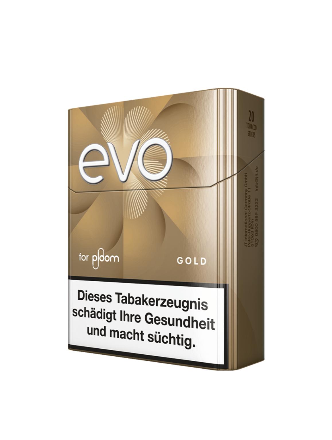 Goldfarbene Packung EVO Tabaksticks mit 20 Stück Inhalt, inklusive CleanSeal-Versiegelung und vorgeschriebenem gesundheitlichem Warnhinweis.