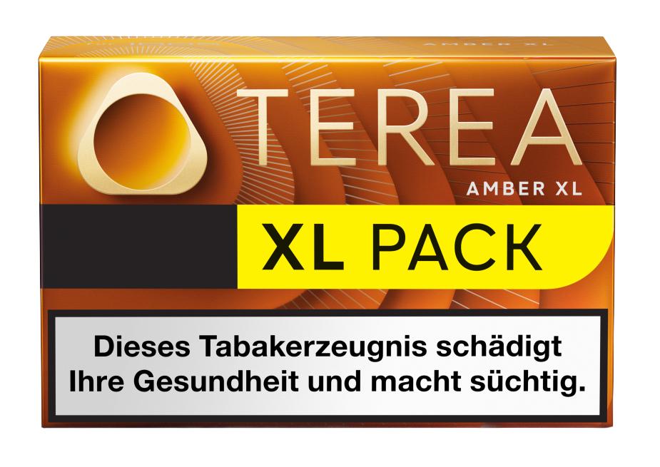 TEREA Amber XL Packung mit 26 Tabaksticks, geeignet für IQOS ILUMA, in einer orangefarbenen Schachtel mit Warnhinweis zur Gesundheit.
