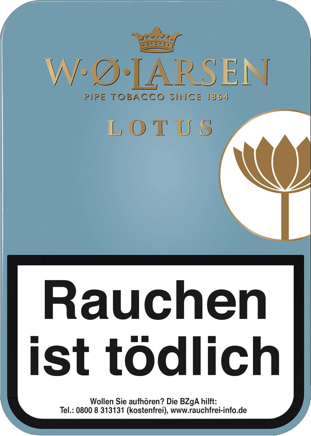 W.O. Larsen Lotus Pfeifentabak in der 100 Gramm Dose mit hellblauem Etikett, goldener Beschriftung und Warnhinweis gemäß Tabakerzeugnisverordnung.