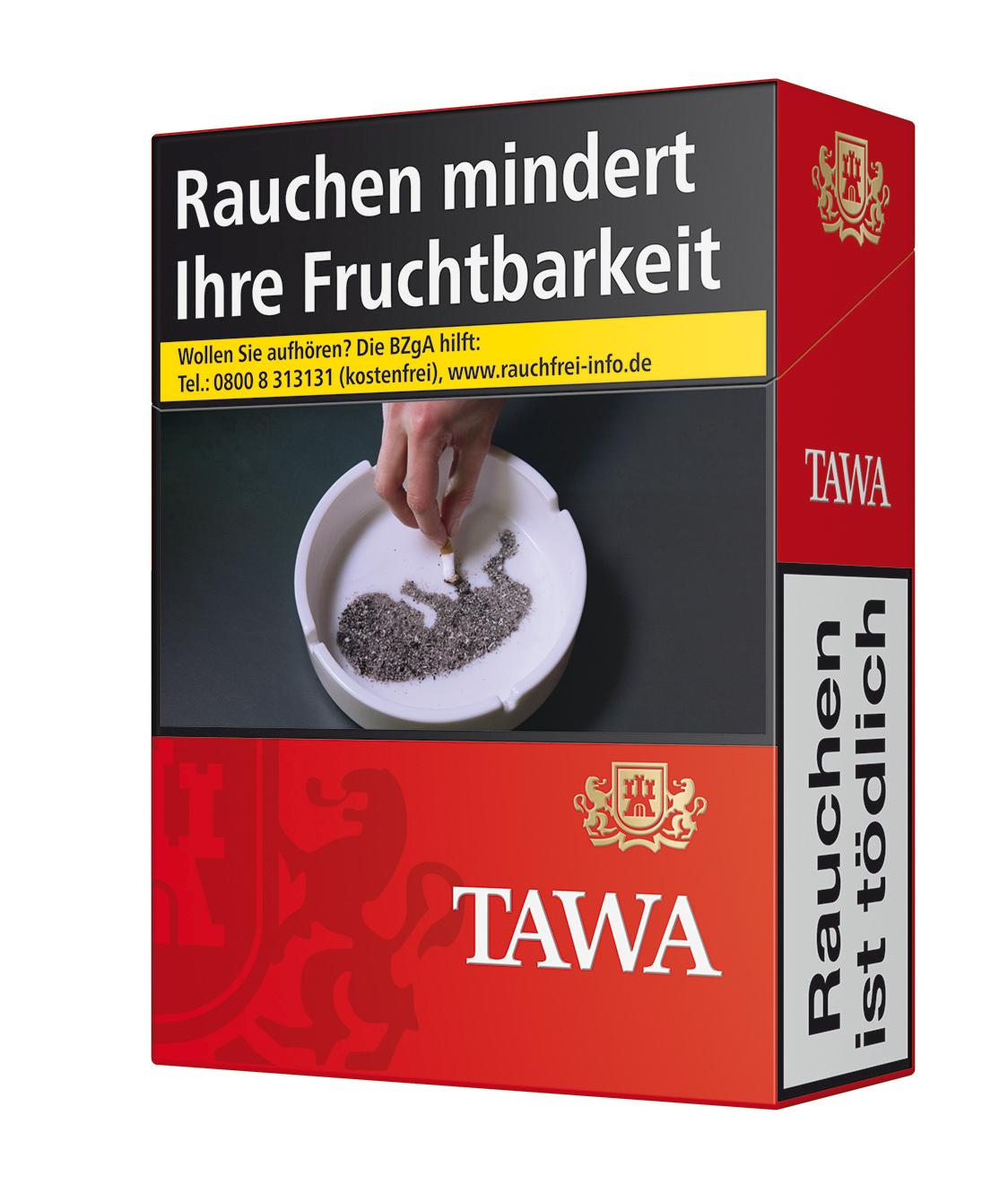Tawa Zigaretten Red XXL 1 Stange von Tawa, rote und weiße Packung mit TAWA Logo und gesetzlichem Warnhinweis.