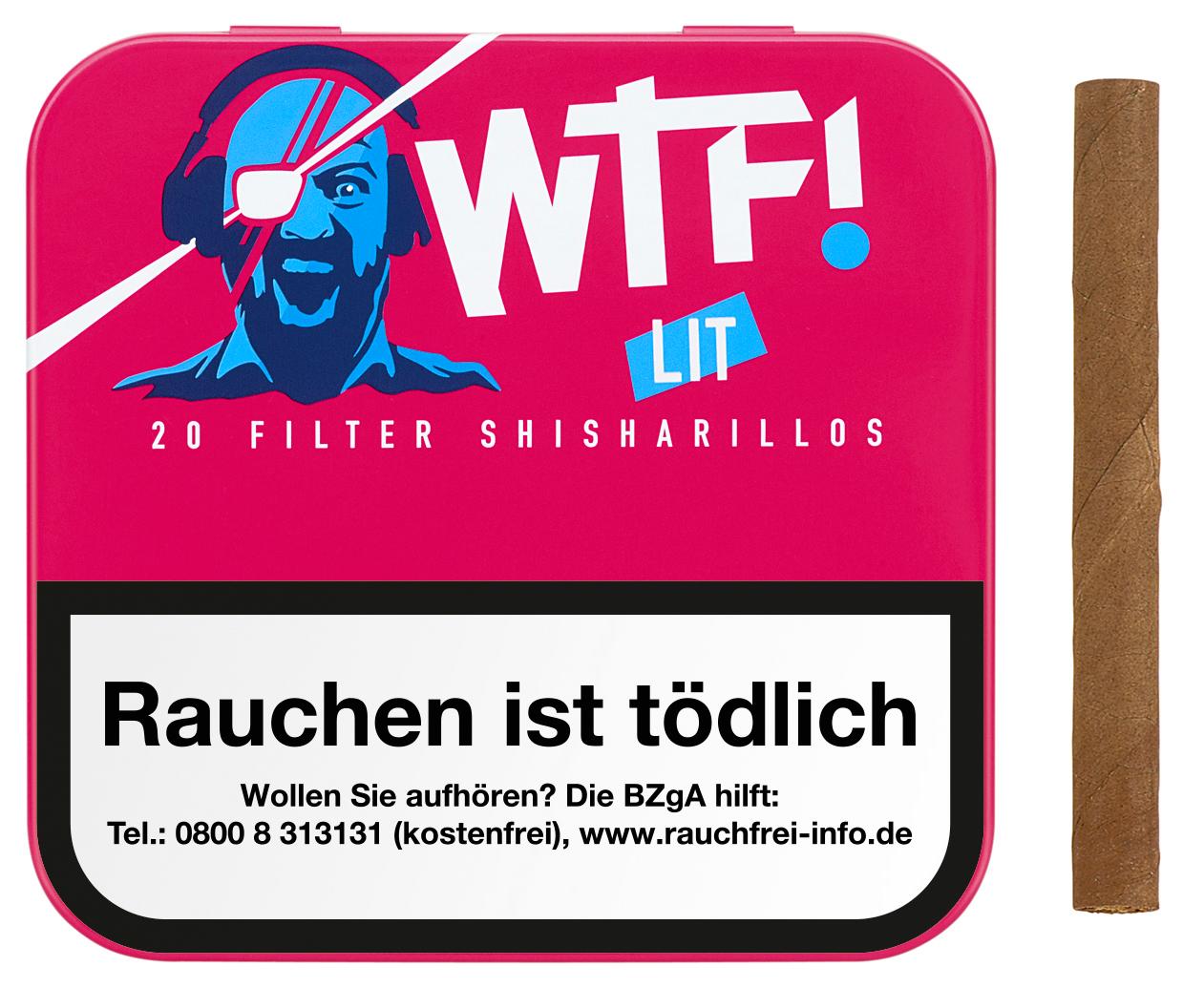 Rote Dose WTF! Shisharillo Lit von WTF! mit 20 Shisharillos mit Filter, verziert mit einem blauen Männerkopf und dem weißen Schriftzug "WTF!".