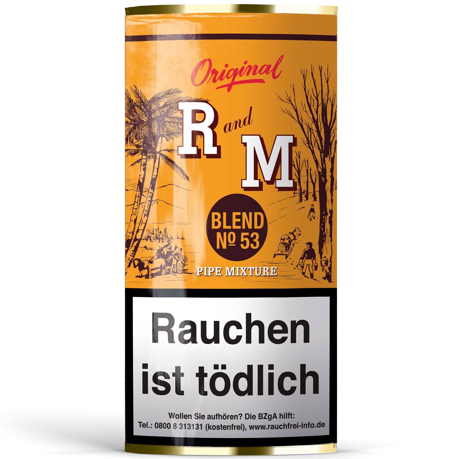 Orangefarbene, zylindrische R and M Pfeifentabakdose mit Vintage-Illustration, Aufschrift "Original" und "BLEND NO. 53", goldfarbenem Rand, im Set 5x50 Gramm.
