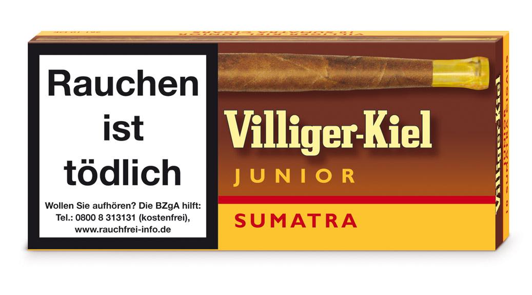 Villiger-Kiel Junior Sumatra Zigarillos in der Stange mit 50 Stück, präsentiert in einer rechteckigen Box mit Tabakwaren-Warnhinweis gemäß gesetzlicher Vorgabe.