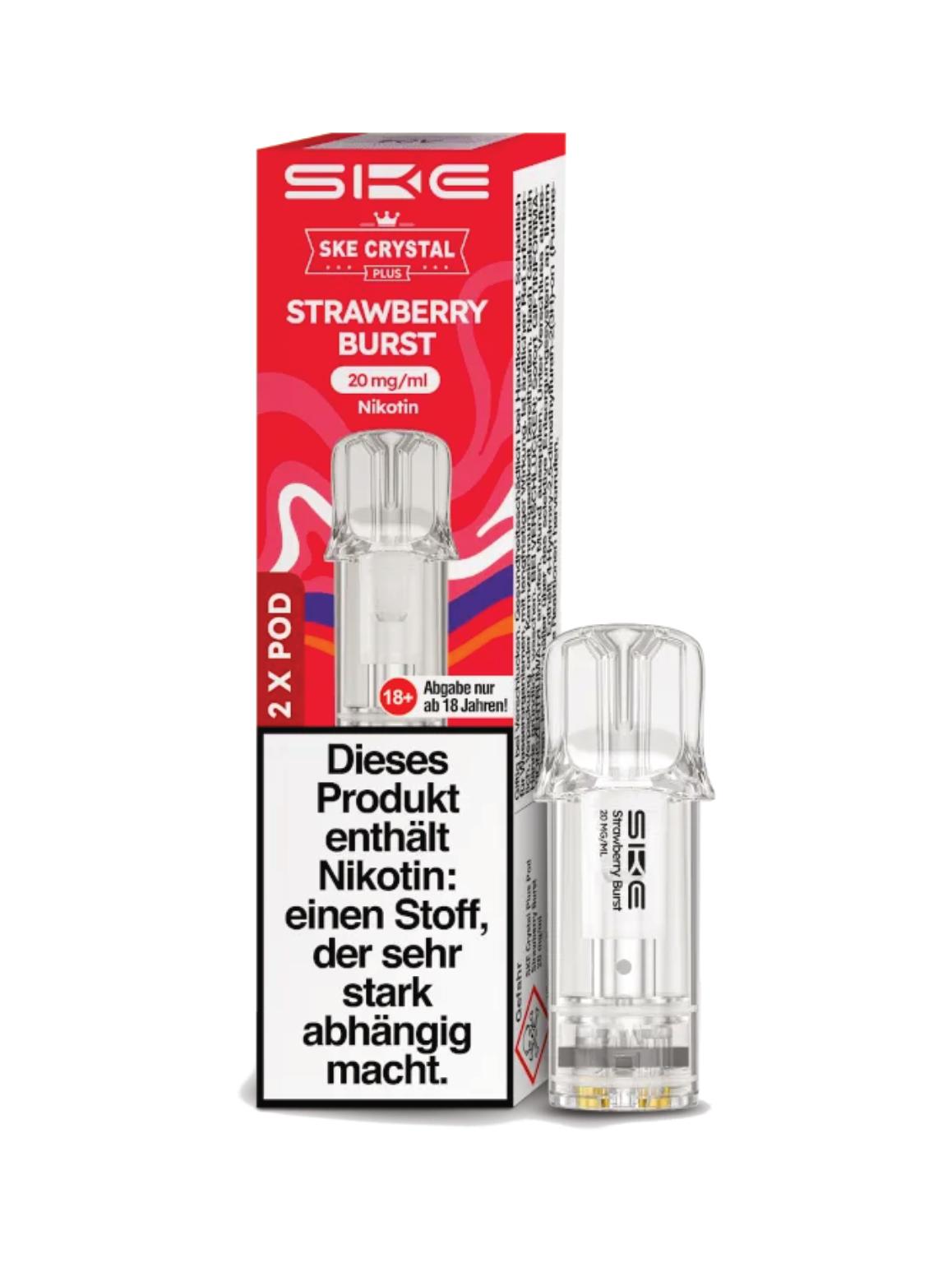 Transparenter Crystal Plus Pod von SKE für den Crystal Plus Akku inklusive rot-weißer Verpackung mit zwei vorbefüllten Cartridges.