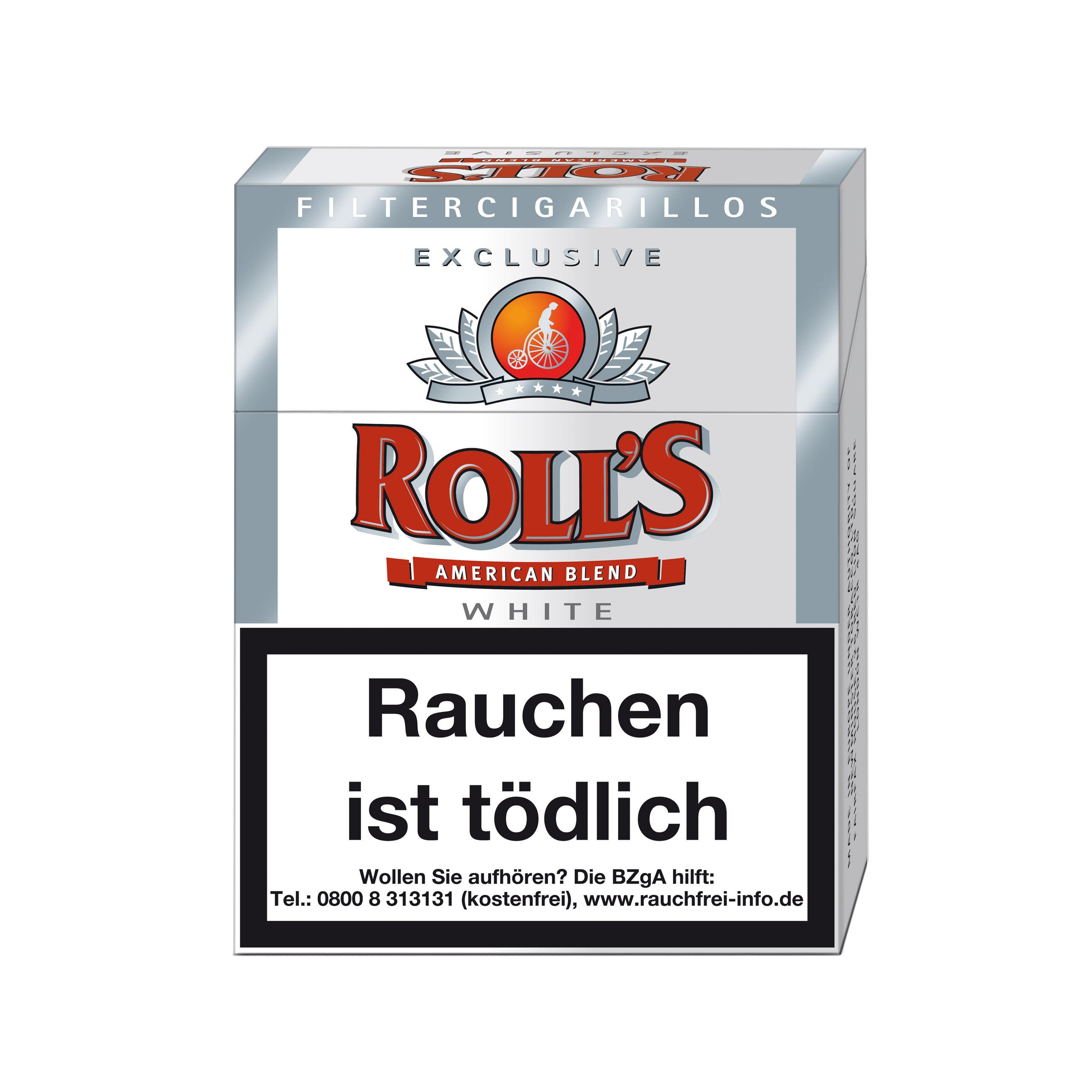 Weiße Packung Roll's Exclusive American Blend White Filtercigarillos, 1 Stange mit 8 Packungen á 23 Stück.