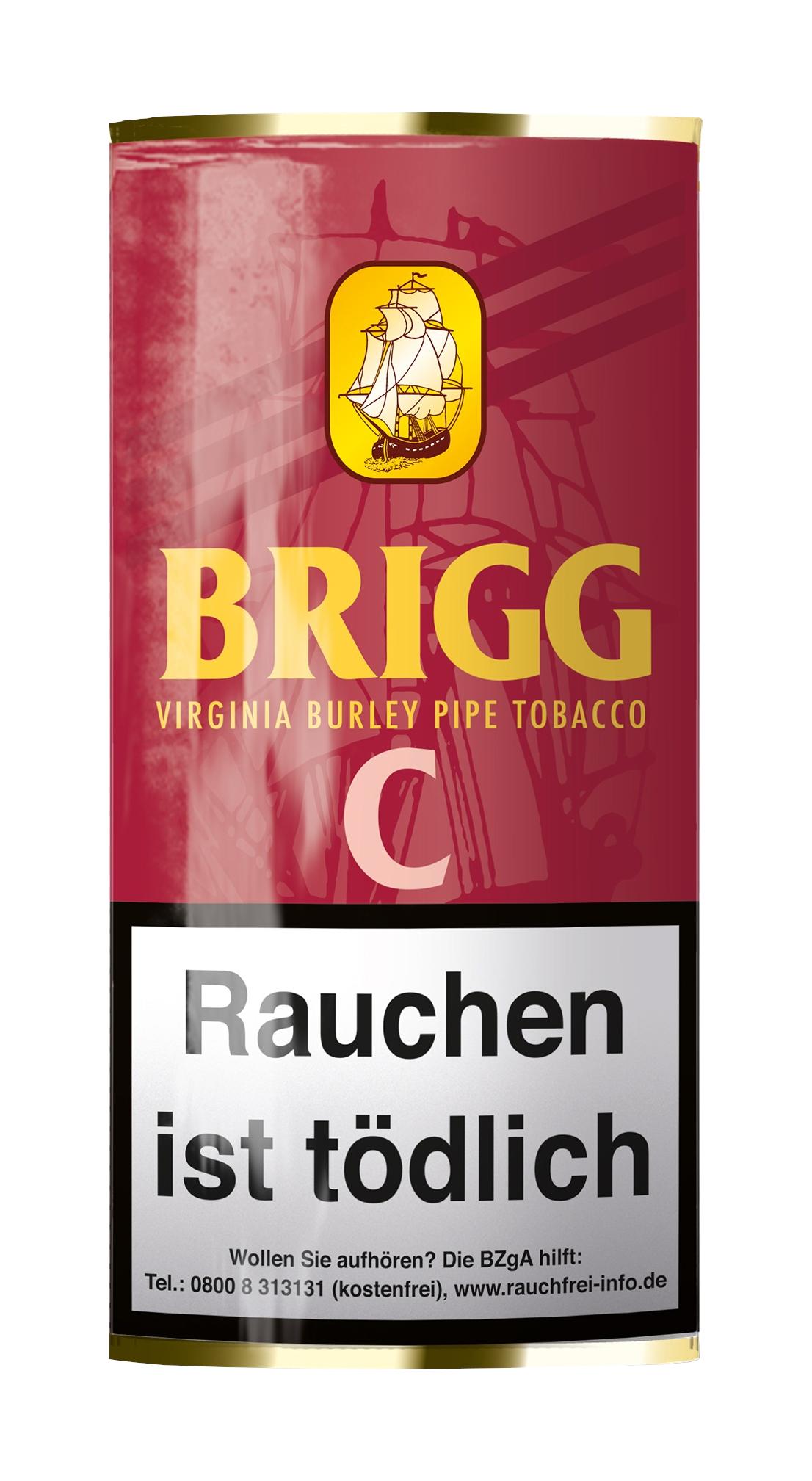 Rote zylindrische Verpackung des Brigg Pfeifentabaks mit 40 Gramm Inhalt, inklusive Warnhinweis sowie BZgA-Informationen auf der Vorderseite.