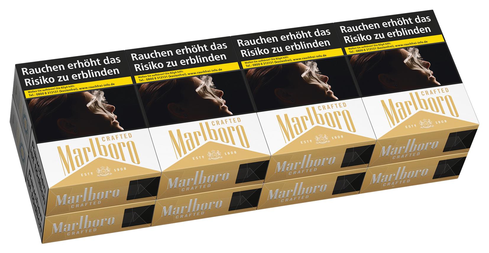 Marlboro Crafted Gold XXL Zigaretten in gold-weißer Verpackung mit aufgedruckten Warnhinweisen, geliefert als Stange mit 8 Packungen zu je 28 Stück.