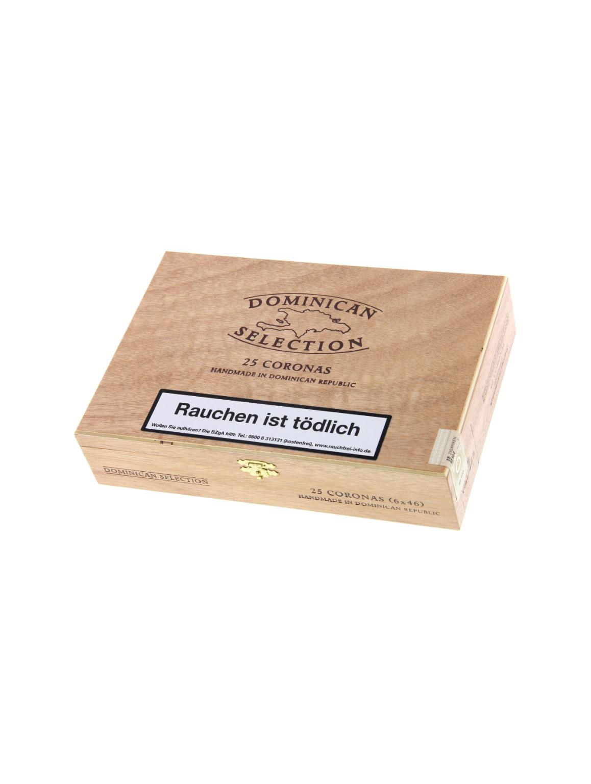 Aufrechte, helle Holzbox der Villiger Zigarren Dominican Selection Corona mit goldener Aufschrift und dem Warnhinweis 'Rauchen ist tödlich' für 25 handgerollte Zigarren.