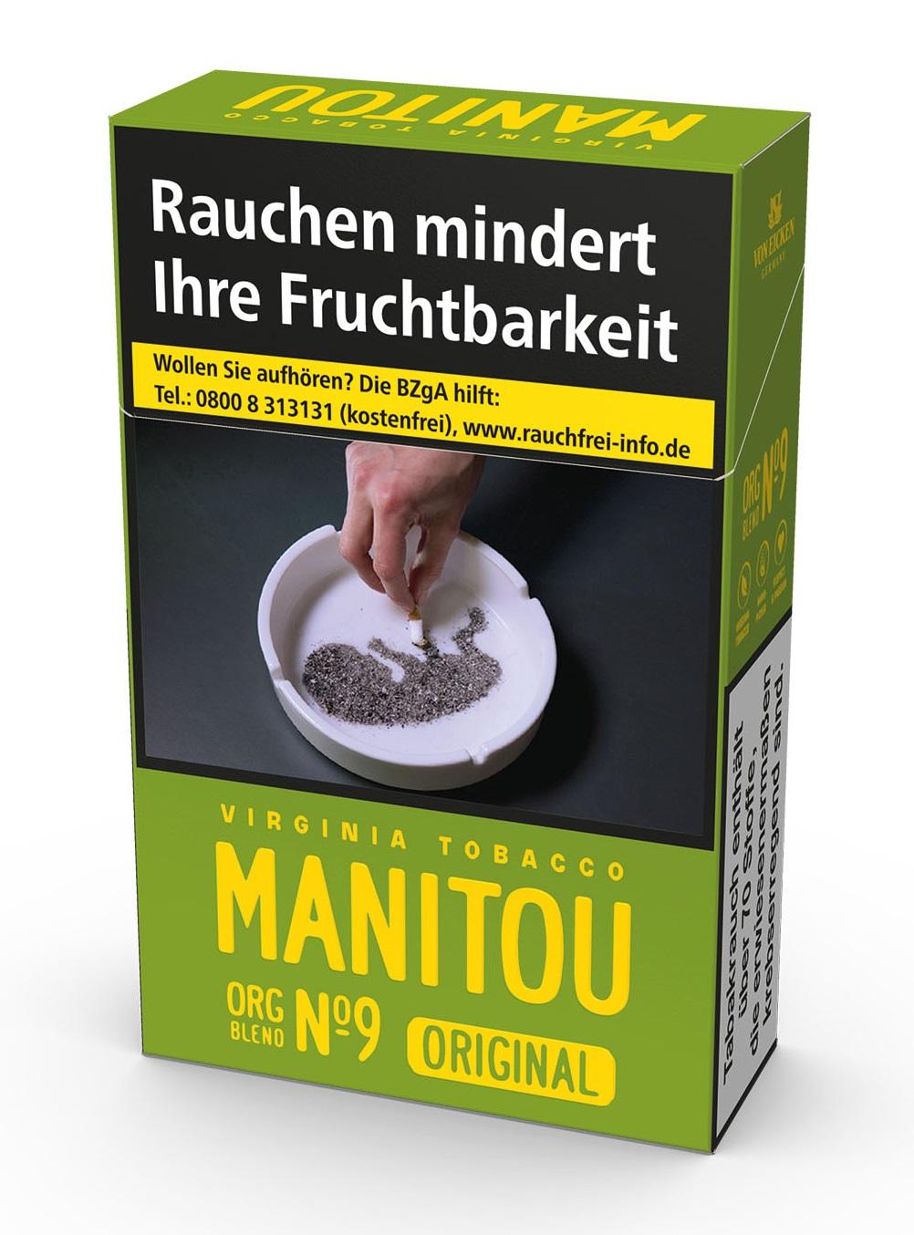 Manitou Organic No. 9 Green Zigaretten in der 20er-Packung aus Virginiatabak ohne Zusatzstoffe in grüner Verpackung inklusive der gesetzlichen Warnhinweise.