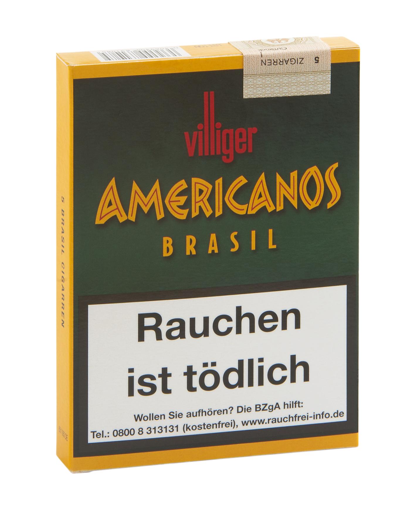 Villiger Americanos Brasil Zigarren im Corona-Format (5 Packungen á 5 Stück) in gelber Schachtel mit Logo.