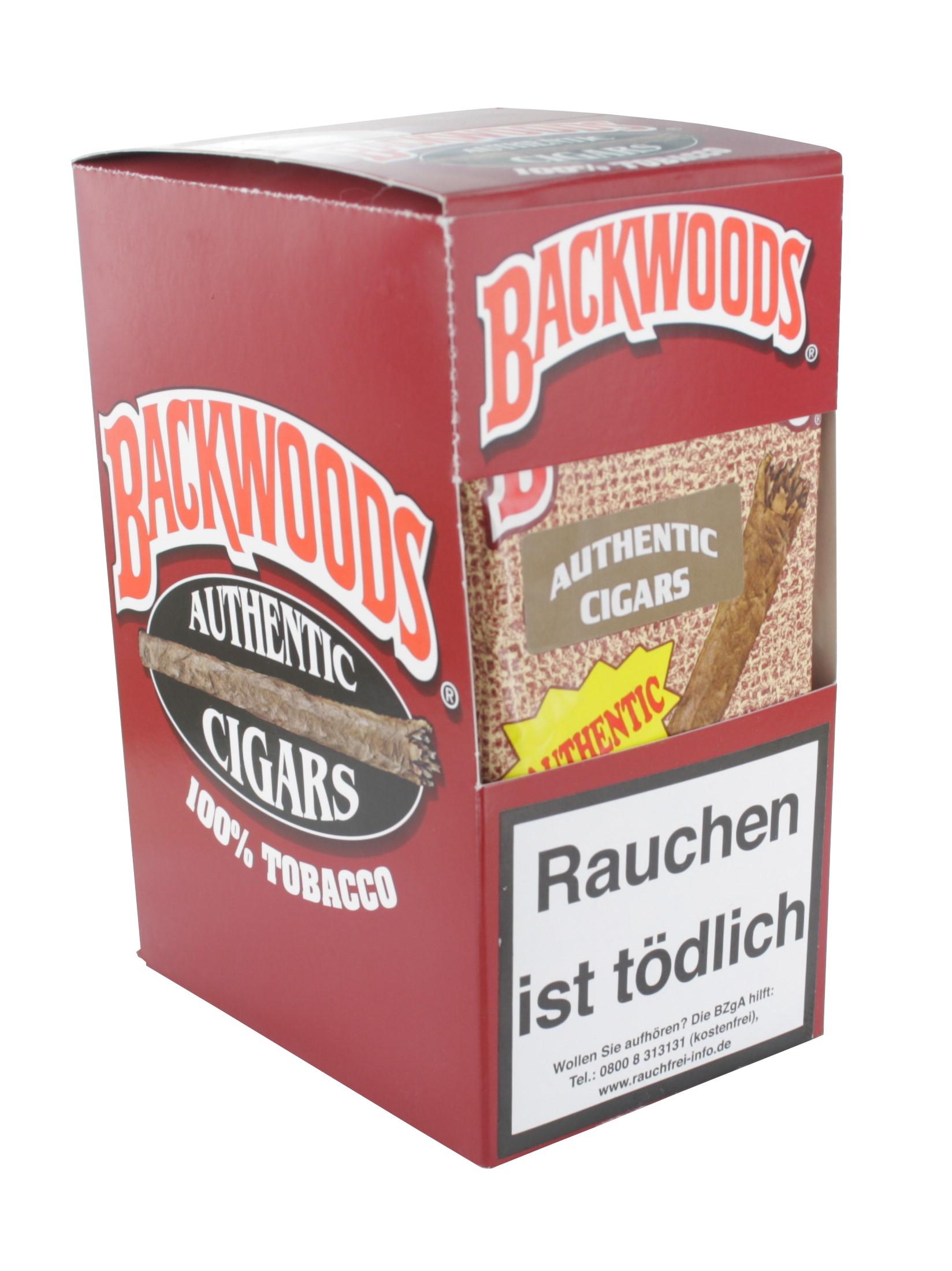 Backwoods Zigarillos Authentic (Aromatic) rot, 1 Stange (8 Packungen á 5 Stück) in roter Schachtel mit Aufschrift "100% Tobacco".