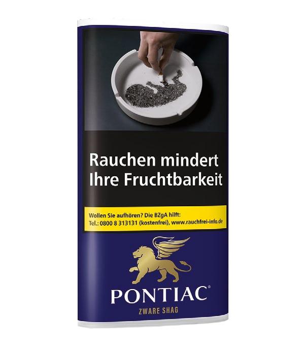 30-Gramm-Packung Pontiac Zware Shag Zigarettentabak in blauer Verpackung mit goldenem Löwenemblem. Die Packung zeigt zusätzlich eine Abbildung einer Hand, die eine Zigarette in einen Aschenbecher legt, sowie den Warnhinweis "Rauchen mindert Ihre Fruchtbar