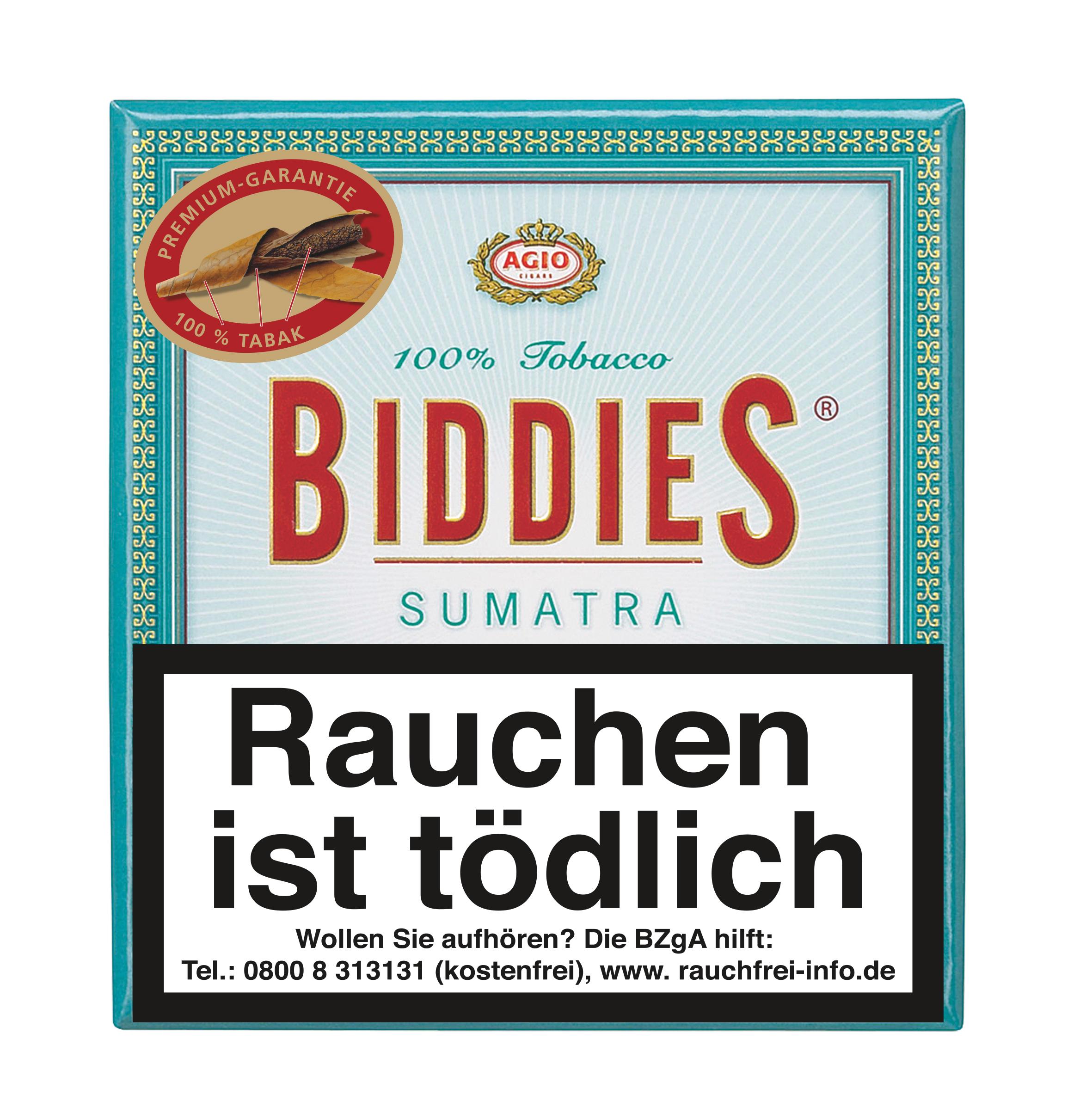 Blaue Packung Agio Biddies Sumatra Zigarillos mit goldenem Rand, die 20 Zigarillos aus 100% Sumatra Tabak beinhaltet.
