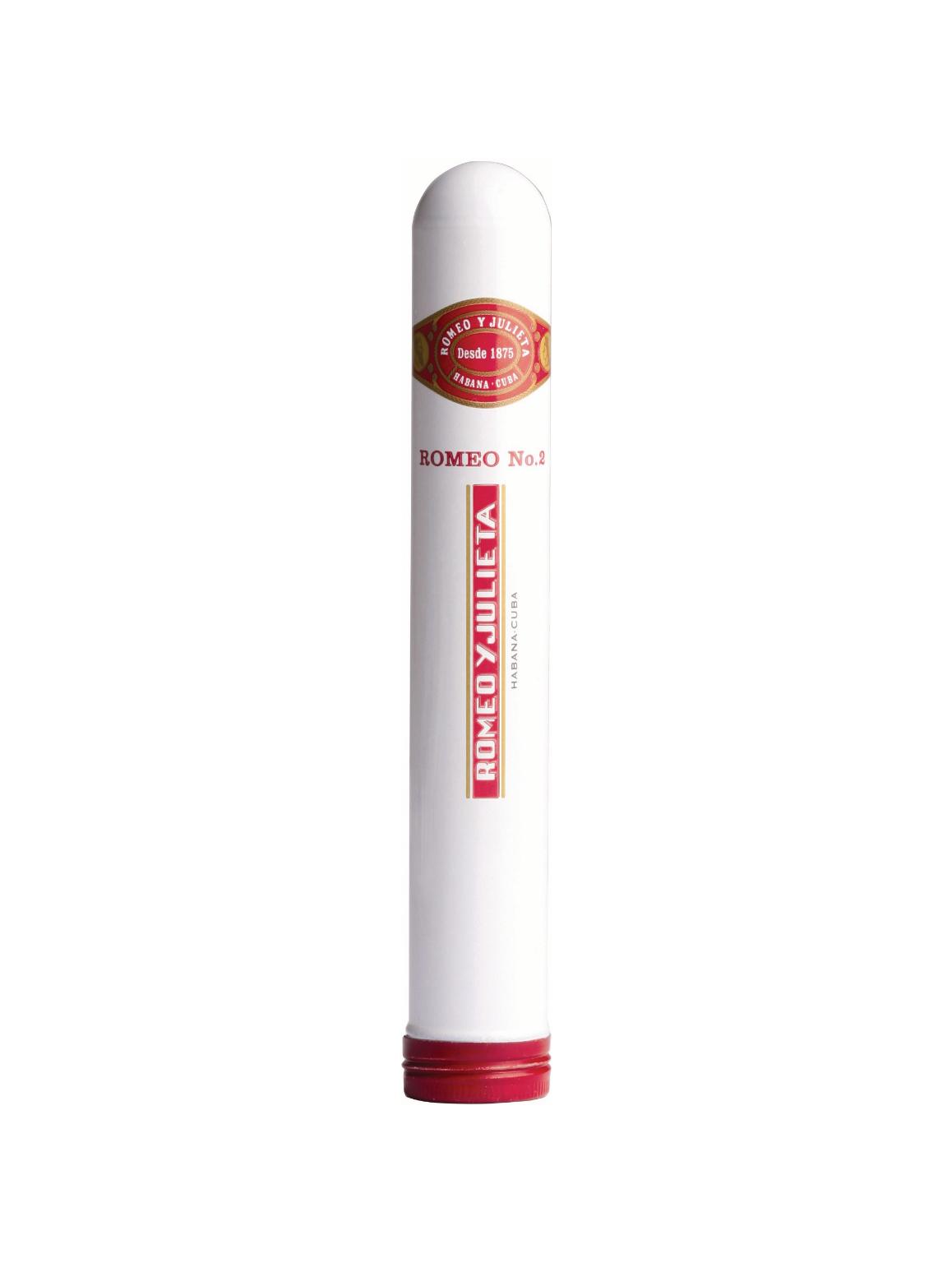 Einzelne weiße Romeo y Julieta No. 2 Zigarrenhülse mit roten und goldenen Akzenten, Schriftzug 'Desde 1875' und 'HABANA CUBA', aus einer Packung mit 5 Stück.