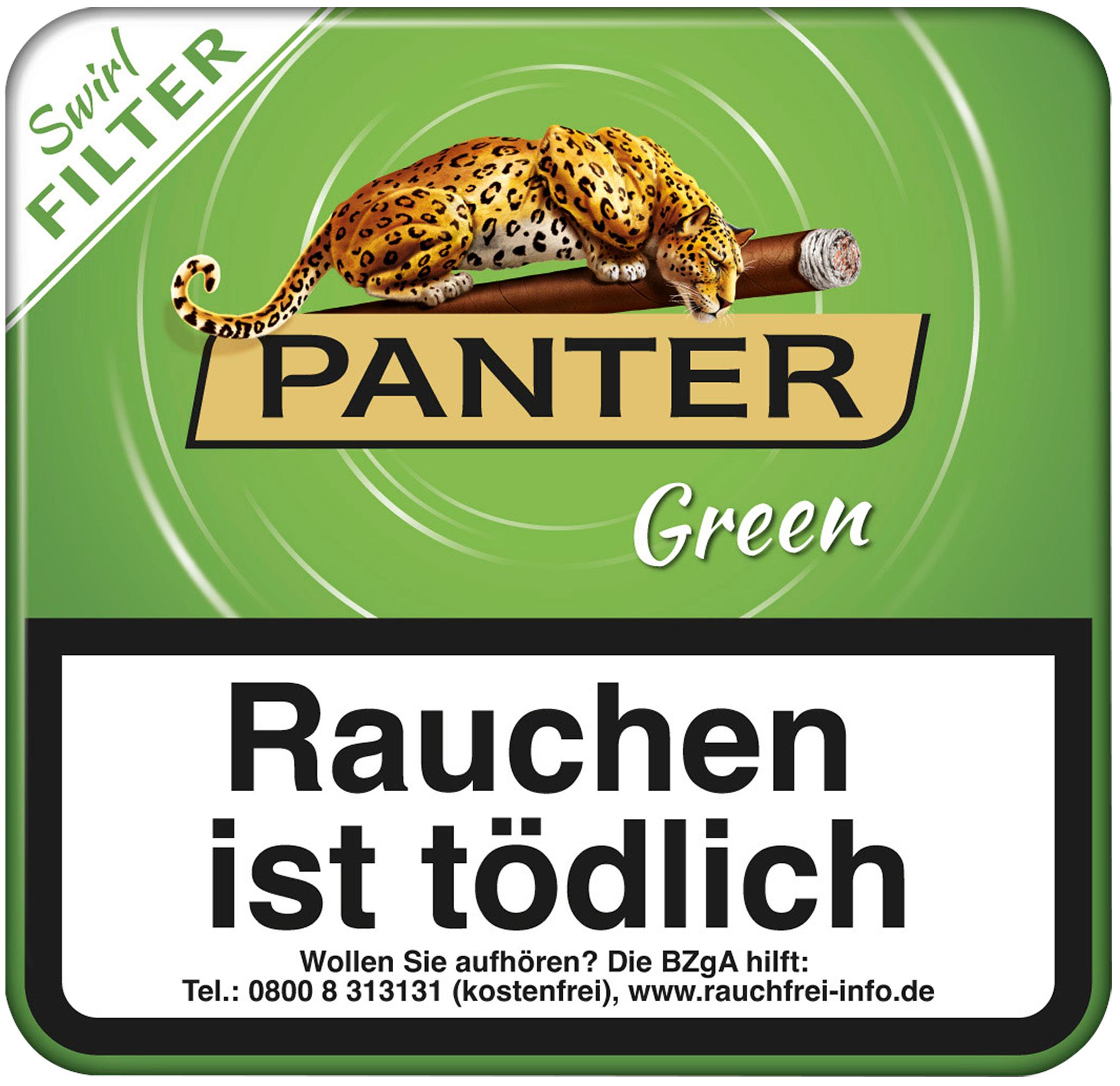 Grüne Packung Panter Swirl Green Filter Zigarillos mit prominentem Jaguar-Logo, schwarzem Bodenlabel und weißem Wirbelmuster.