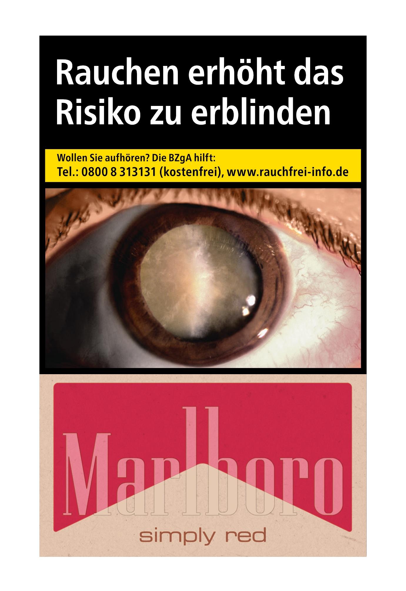 Marlboro Simply Red Zigaretten, Packung mit 20 Stück, mit abgebildetem gesetzlichem Warnhinweis sowie Informationen zur Raucherberatung.