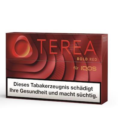 TEREA Bold Red Tabaksticks in einer Stange mit 10 Packungen zu je 20 Stück, exklusiv für IQOS ILUMA, mit gesetzlichem Warnhinweis auf der Verpackung.