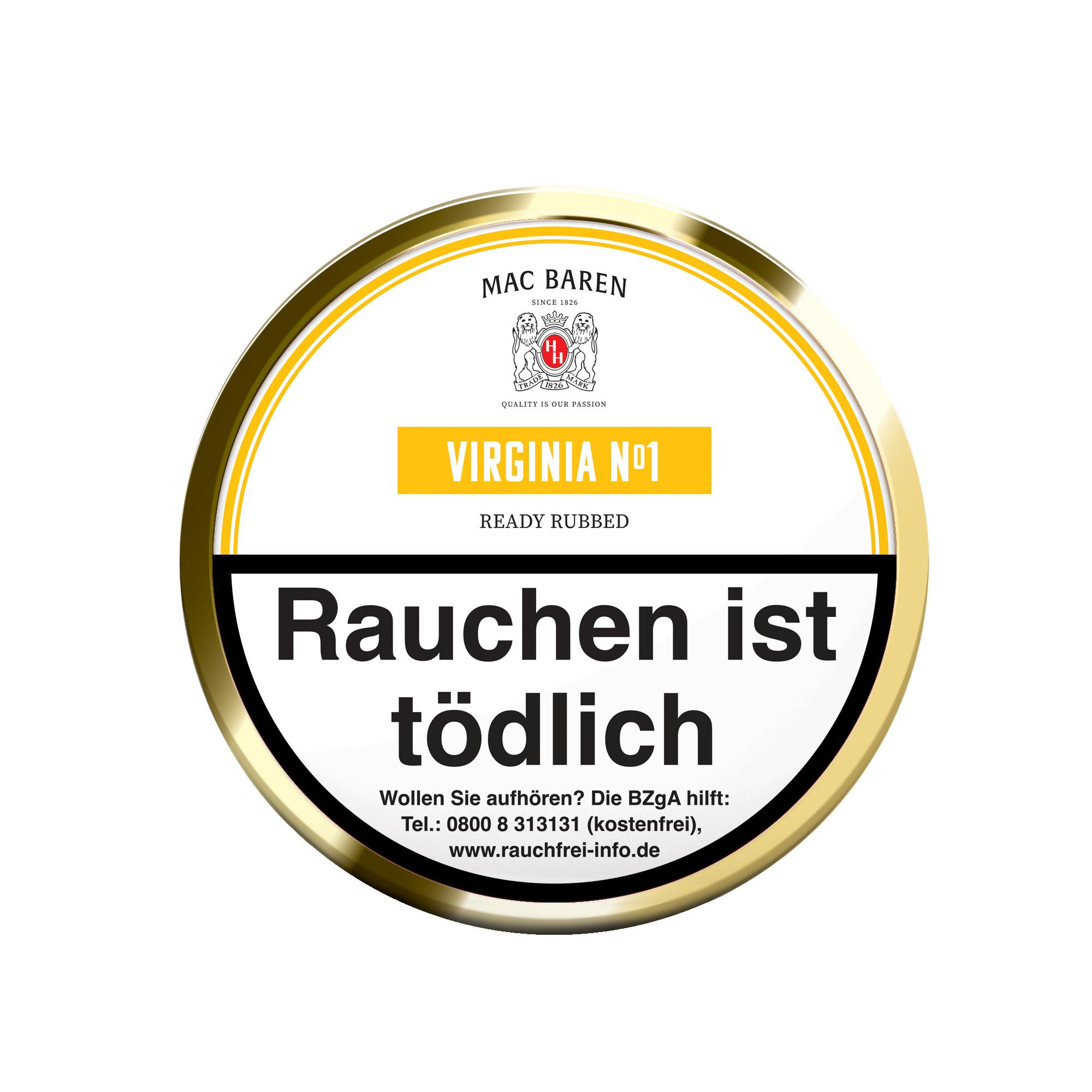 Mac Baren Pfeifentabak Virginia No. 1 1 Dose 100 Gramm Runde Dose Mac Baren Pfeifentabak Virginia No. 1 Ready Rubbed mit gold-weißem Label und Herstellerlogo, 100 Gramm.