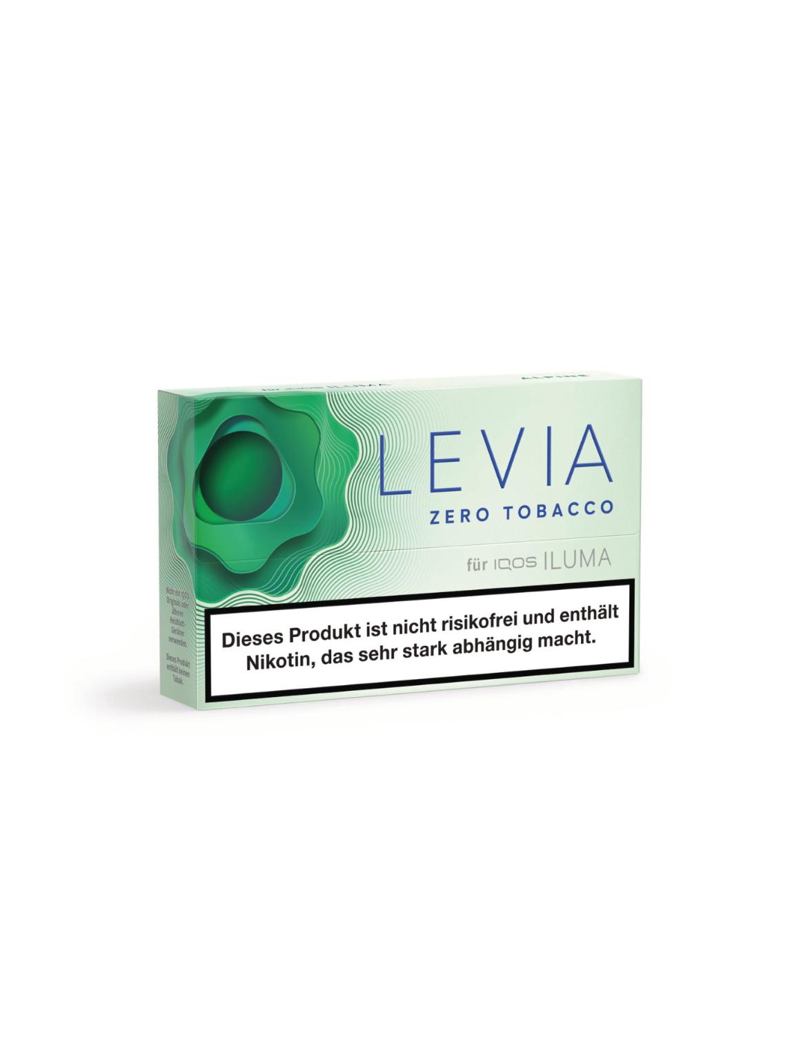 LEVIA Alpine Packung mit 20 Stück, tabakfreie Sticks für IQOS ILUMA Geräte in hellgrüner Verpackung mit blauem Markenlogo.