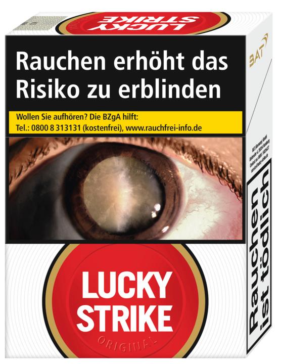Lucky Strike Red Giga Zigaretten in der 22 Stück Packung mit weißem Design, rotem Logo und gesetzlichen Warnhinweisen.