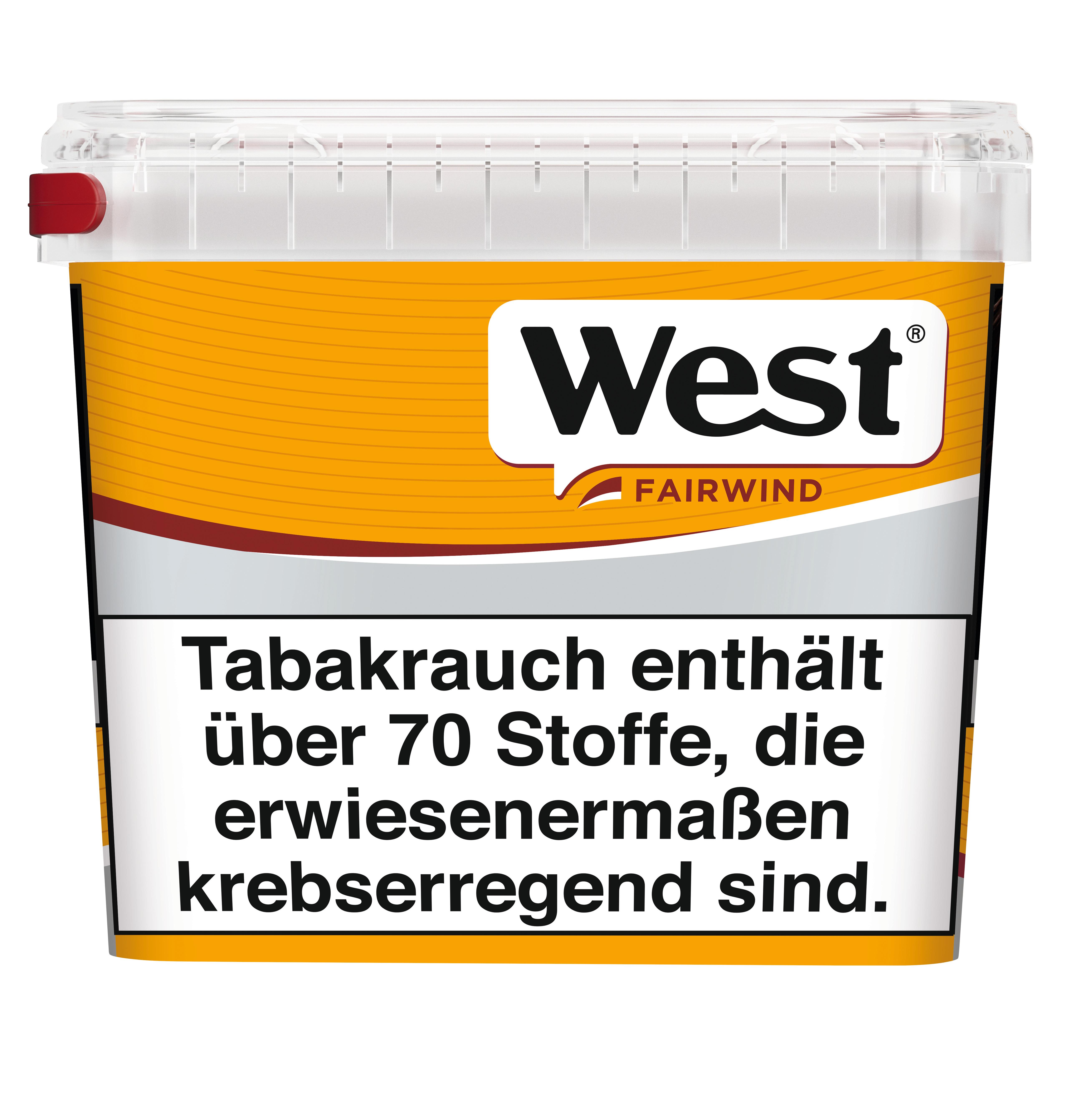 Transparente Giga Box Eimer von West Yellow Volumentabak mit rotem Deckel und gelb-orangefarbenem Etikett, 235 Gramm.