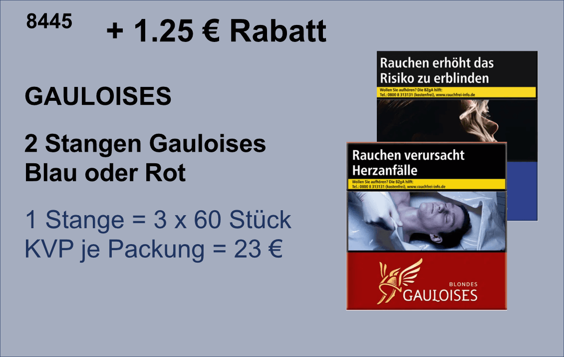 Dunkelblaue Gauloises Darstellung zeigt rote Packung Blondes, schwarze Packung mit Warnhinweis, Text zu Angebot und Website.
