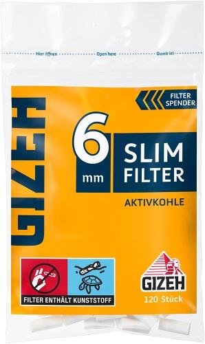 Gizeh Kohledrehfilter Slim 6 mm mit Aktivkohle in einer Packung mit 120 Stück.