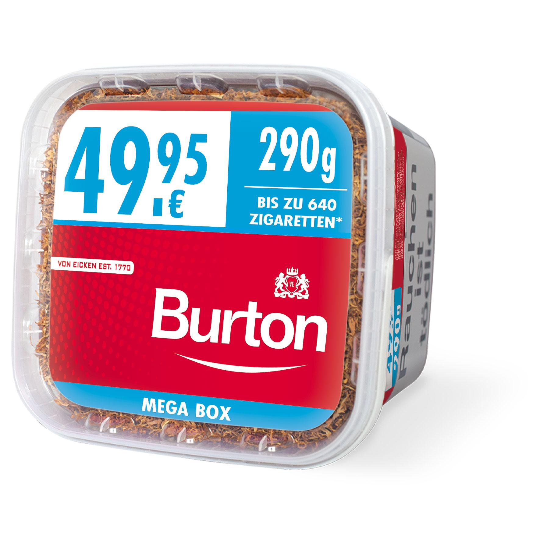 Kunststoffbox Burton Volumentabak Full Red XXXL in Rot und Blau mit 290 Gramm Inhalt, mit auffälliger blau-roter Banderole und weißem Burton Logo.