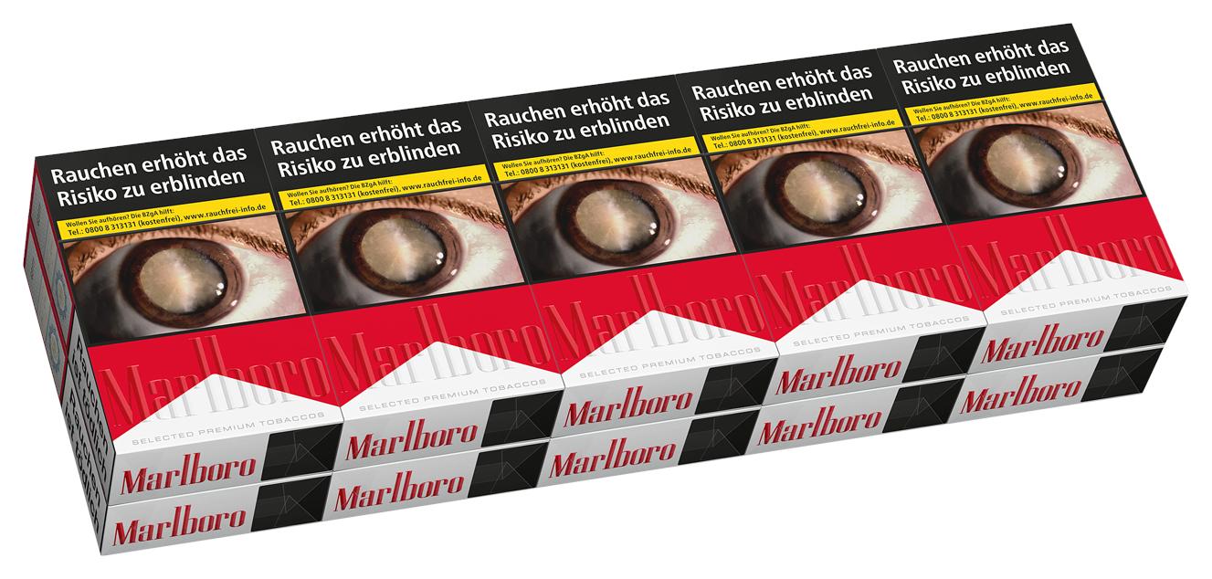 Gebinde Marlboro Red OP Zigaretten, bestehend aus 10 Packungen à 20 Stück. Die rot-weißen Zigarettenpackungen sind gestapelt und zeigen das Marlboro Logo, ein detailliertes Augenbild sowie Warnhinweise in Deutsch und Englisch.