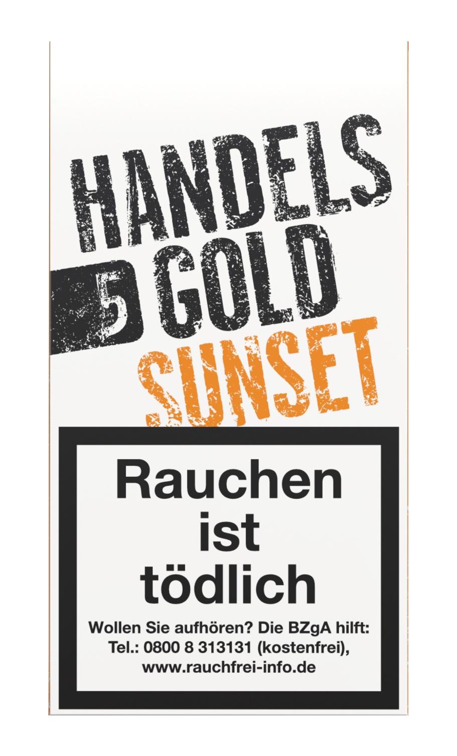 Handelsgold 209 Sunset Zigarillos in einer Stange mit 10 Packungen zu je 5 Stück, inklusive gesetzlicher Warnhinweise auf weißem Hintergrund.
