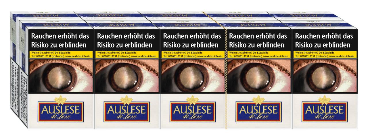 Auslese de Luxe Zigaretten 1 Stange 10x20 Stück Weiße Auslese de Luxe Zigarettenpackung mit blauen und goldenen Designelementen, Augen-Grafik und Kronen-Logo, angeboten als Stange mit 10 Packungen à 20 Stück.