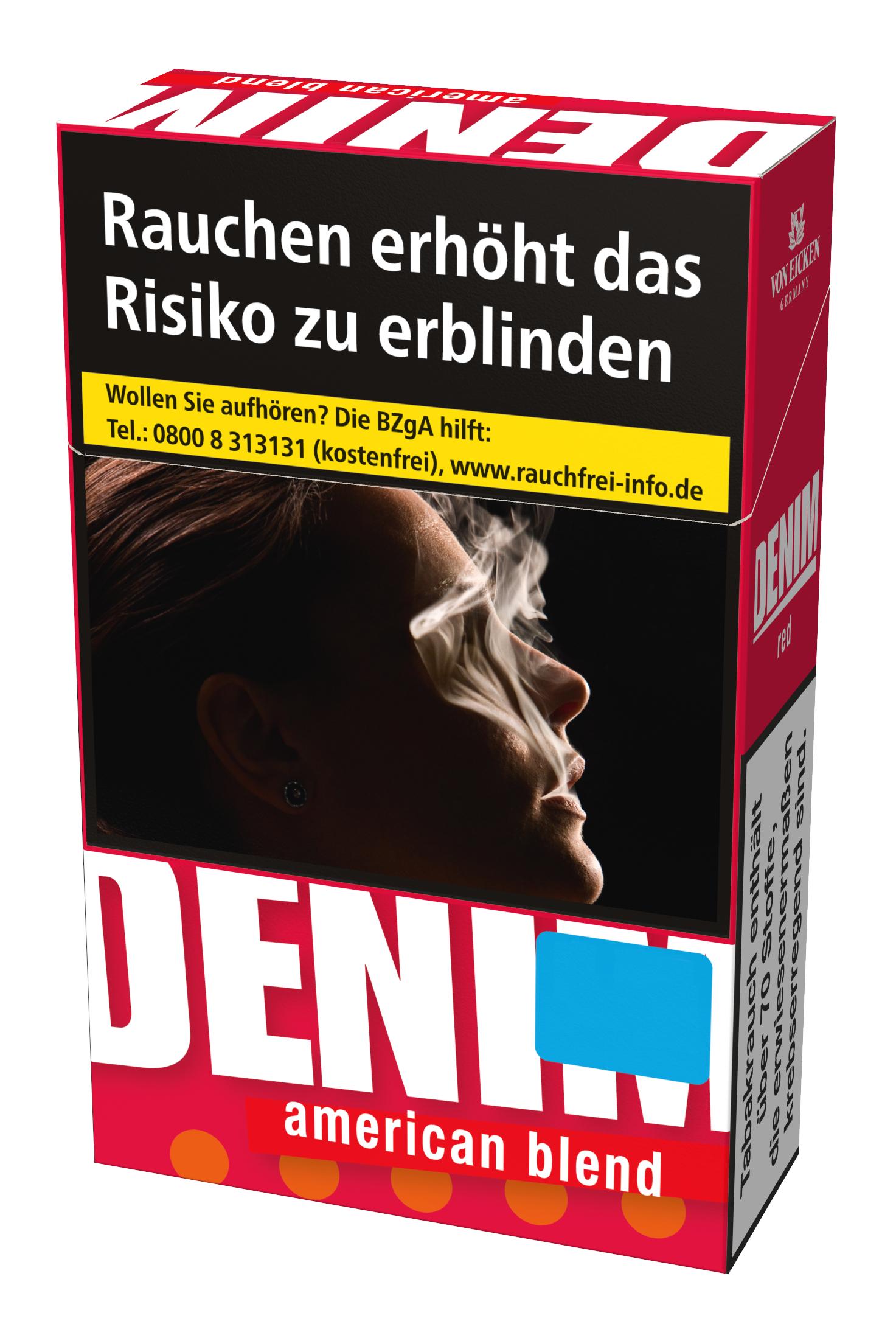 Denim Zigaretten Red L Stange bestehend aus 10 Packungen mit jeweils 20 Stück, American Blend Mischung in der rosa-weißen Originalverpackung mit Warnhinweis.