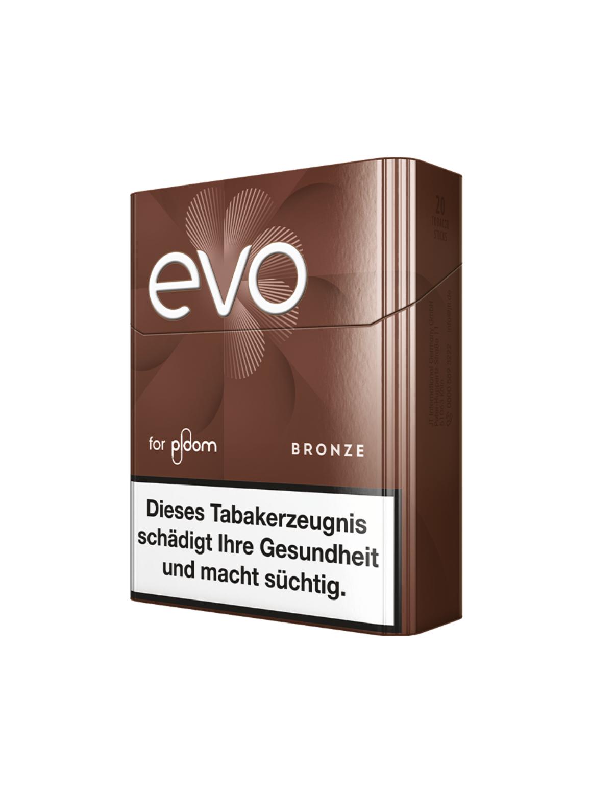 Braune rechteckige Packung EVO Tobacco Sticks Bronze mit 20 Stück, inklusive aufgedrucktem Warnhinweis zur gesundheitlichen Schädigung durch Tabak.