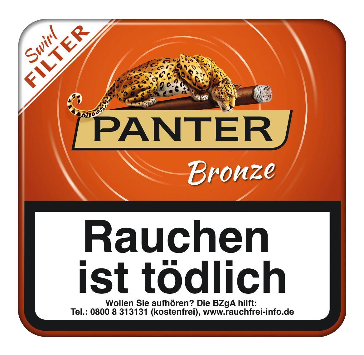 Panter Swirl Bronze Zigarillos mit 20 Stück pro Packung, inklusive Warnhinweis auf der quadratischen, orangefarbenen Verpackung mit Leopard-Motiv.