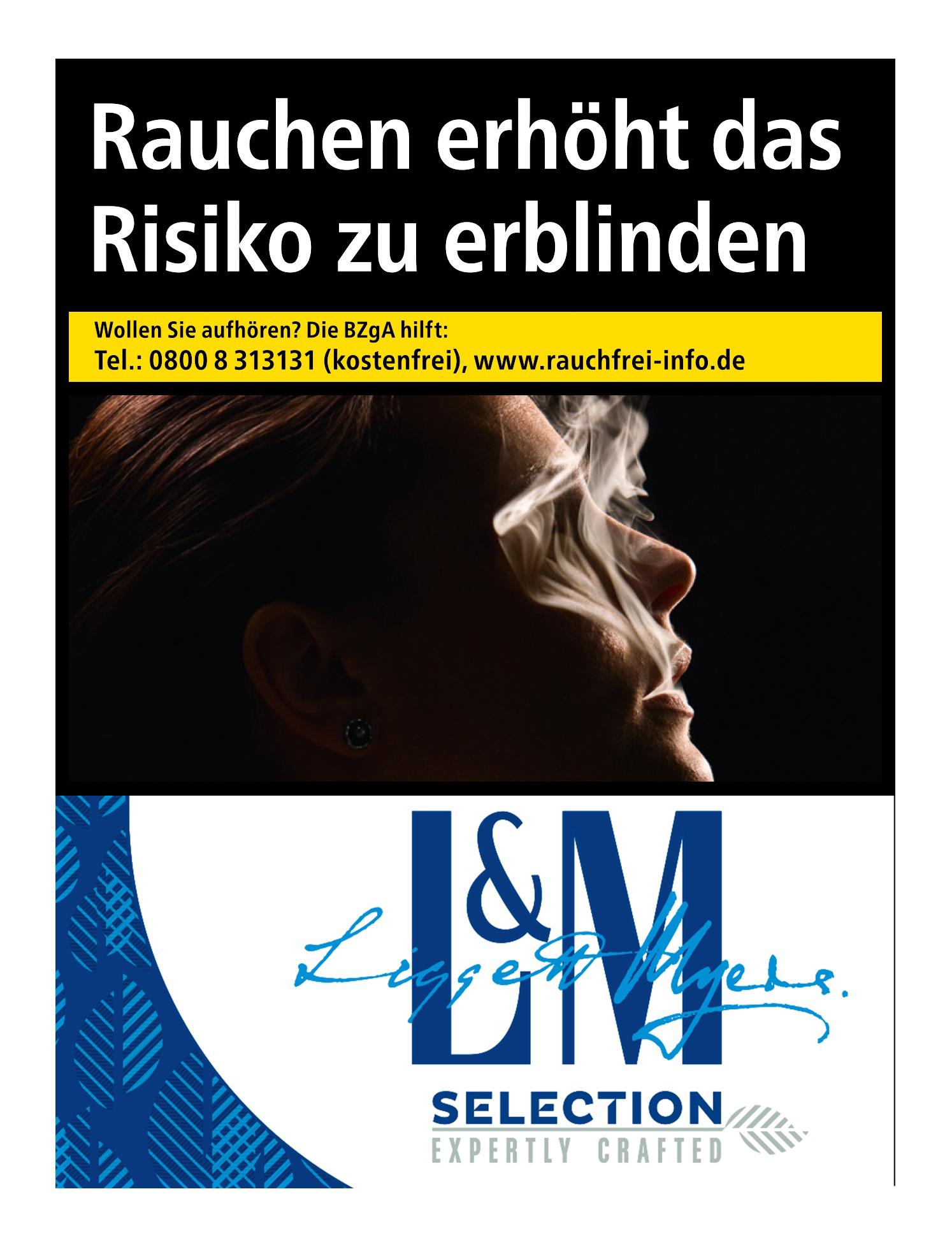 L&M Selection Blue 2XL Zigaretten in einer 1-Stangen-Großpackung mit insgesamt 8 Packungen zu je 28 Stück inklusive der gesetzlichen Warnhinweise.