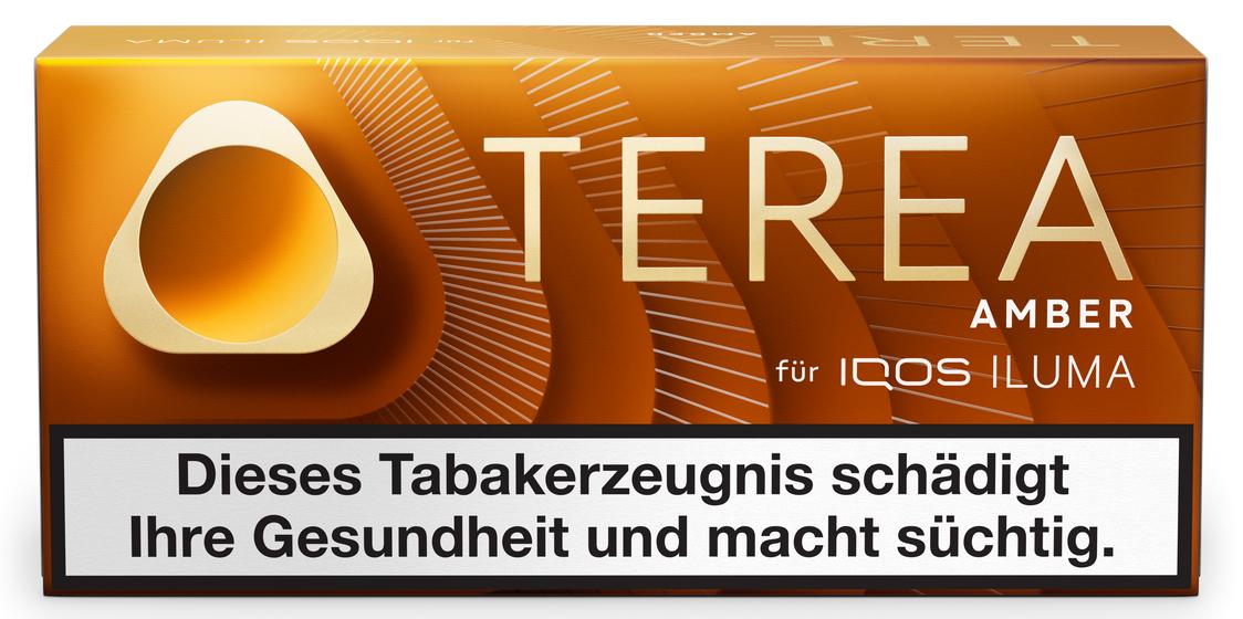 Orangefarbene TEREA Amber Tabaksticks-Packung mit 20 Stück Inhalt, kompatibel mit IQOS ILUMA Geräten und inklusive gesetzlichem Warnhinweis.