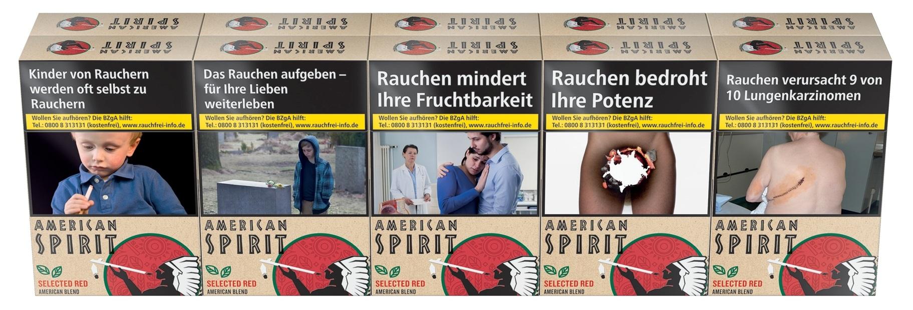 Eine Stange American Spirit American Blend Red 5XL Zigaretten, zeigt Packungen mit verschiedenen gesetzlichen Warnhinweisen.